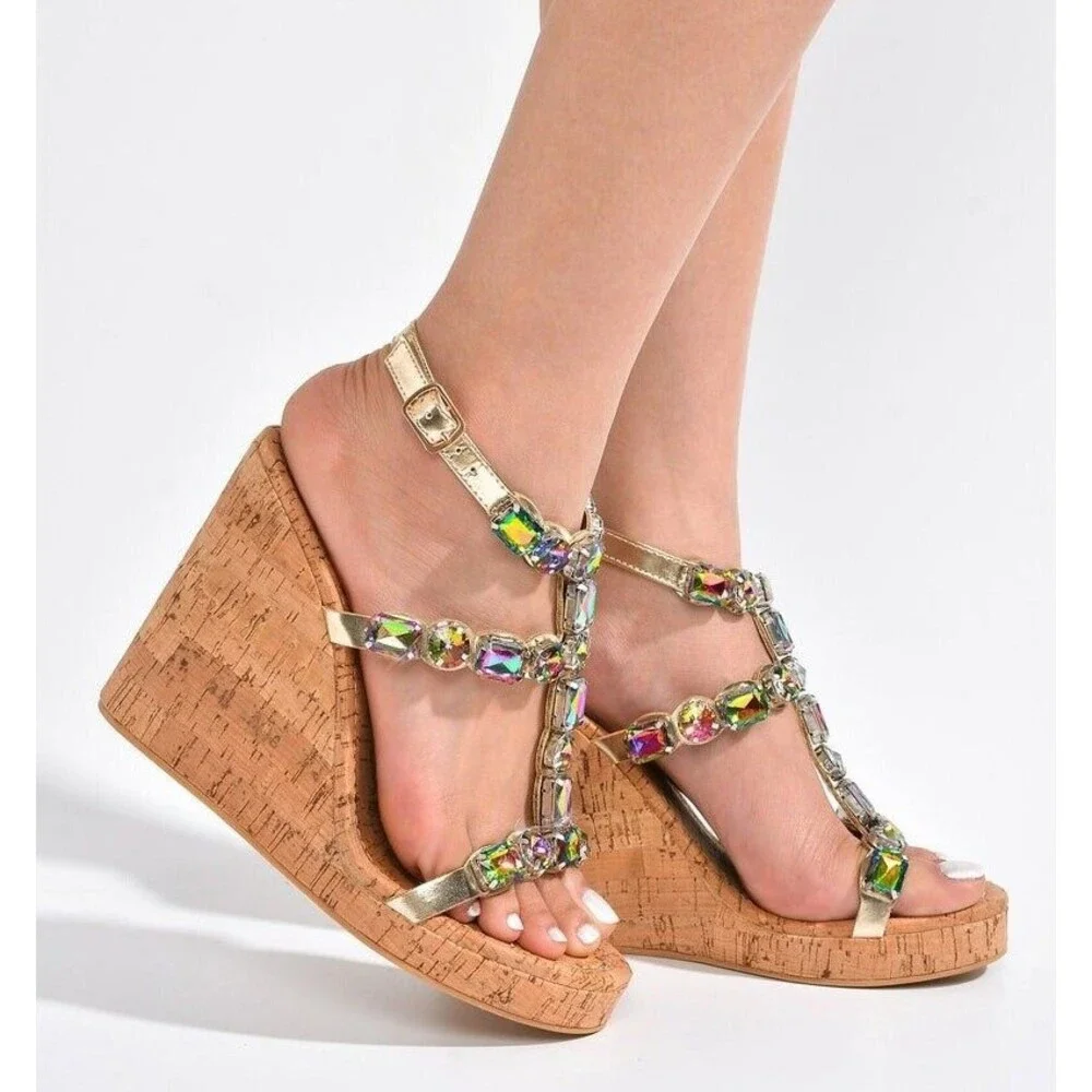 NIB Summer Time Colorful Jeweled Cork Wedge High Heel Sandals